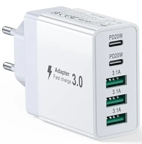 Produktbild: 50W USB C Ladegerät Mehrfach 5-Port Schnellladegerät Netzteil Stecker Adapter PD QC Ladestecker für iPhone ALLE Serien & iPad, Tablets, Google, Samsung, Handys (1-Standard)