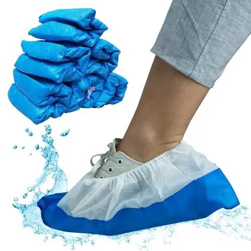 Produktbild: 50x ARNOMED Schuhüberzieher Einweg Blau/Weiß, Überziehschuhe mit wasserdichter Sohle, Mehrweg CPE+PP Überzieher extra stark, Schuhschutz Überzug rutschfest 17x40cm, reißfeste Überschuhe für Baustelle