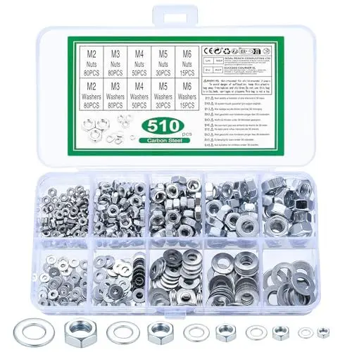 Produktbild: 510 STK M2 M3 M4 M5 M6 Sechskantmuttern und Flach Unterlegscheiben Set: 255 Selbstsichernde Muttern + 255 Beilagscheiben, Stoppmuttern Sicherungsmuttern Sechskant Mutter Sicherungsscheiben Sortiment