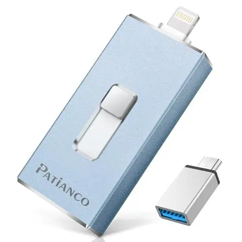 Produktbild: 512GB USB Stick für iPhone MFi-zertifiziertes,Patianco USB 3.0 Stick Lightning, USB C Externer Speicher für iPhone iPad iOS OTG Android Smartphone Tablet Mac PC 3 in 1 Blau