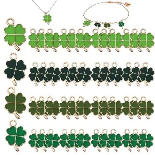 Produktbild: 52 Stück Glücksbringer Vierblättriges, Metall Halsketten Zubehör, Grün DIY Schmuck Anhänger für Armband, Herstellung Zubehör, Geschenk, Schlüsselanhänger, Ornamente