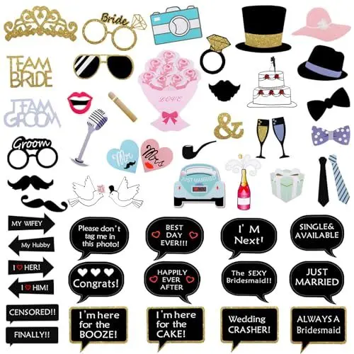Produktbild: 52 Stücke Foto Requisiten Hochzeit Fotobox Accessoires Photo Booth Partybrillen Fotoboxzubehör für Wedding JGA Party Zubehör