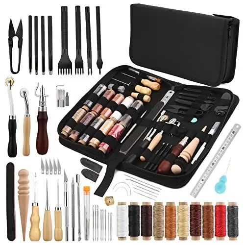 Produktbild: 52 Stück Leder Nähen Set, Leder Werkzeug Set, Leder Nähwerkzeug mit 10 Farben Gewachster Faden, Krappenstanzwerkzeuge, Lederlocher, Nähnadel, Druckzahnwerkzeug, Nähahle für Lederbearbeitung