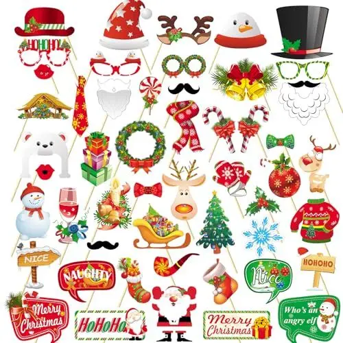 Produktbild: 52 Stück Weihnachtsfeier Fotorequisiten, Weihnachten Fotorequisiten, Fotobox Accessoires Weihnachten, Weihnachtsparty Foto Booth, Weihnachtsfeier Foto Requisiten für Weihnachtsfeier Dekoration