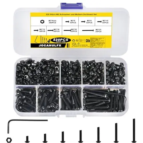 Produktbild: 520 Stück M3 Schrauben Set, Linsenkopf Innensechskant Schrauben Muttern Set, schwarz Innensechskantschrauben mit Muttern, Gewindeschrauben Set, Linsenkopfschrauben Maschinenschrauben Set
