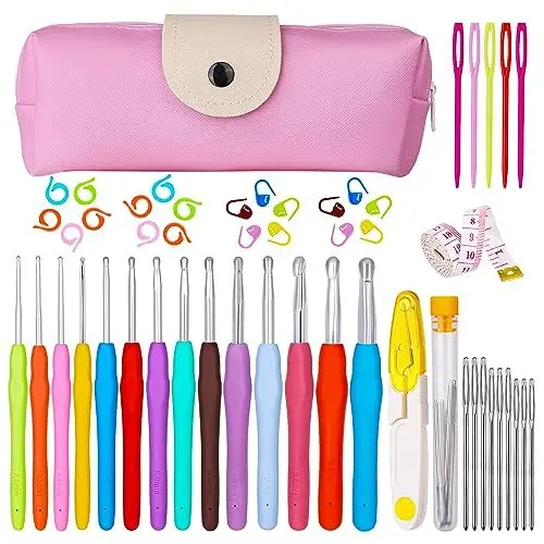 Produktbild: MASPHY 52-teiliges Häkelnadel-Set, ergonomisches Häkelnadel-Set, Häkelset mit Handtasche, geeignet für Anfänger und Profis mit komplettem Häkelset und Webwerkzeugen