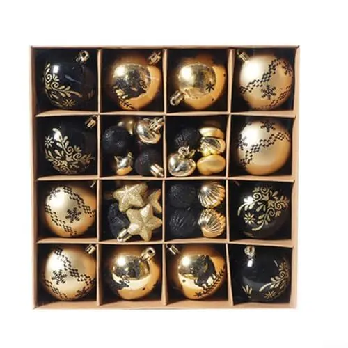 Produktbild: 52-teiliges Weihnachts-Schneeflocken-Kugel-Set, bruchsichere Glitzerkugeln, Kugeln, hängende Dekorationen, Ornament für Party, Hochzeit, Weihnachten (schwarz gold)