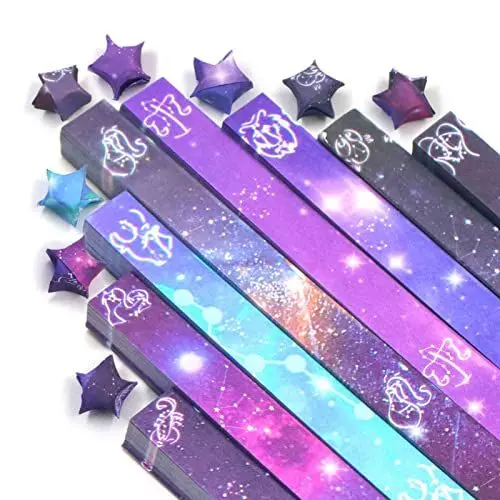 Produktbild: 540 Blatt 12 Sternbild Glücksstern Origami Papierstreifen Galaxie, 8 verschiedene Designs von schönem Weltraum Sternenhimmel für Kunst DIY Bastelbedarf, Pastell Stern Faltpapier (B)