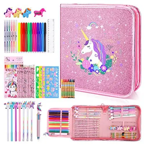 Produktbild: 56Stück Malset Für Kinder Ab 3-12 Jahre, Malkoffer Set Mit Federmäppchen Mädchen, Kreativer Kunst Malerei Set Buntstift Für Kinder Anfänger, Weihnachten Einhorn Geschenke (Einhorn - Girlande)