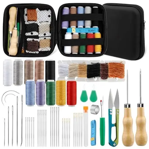 Produktbild: 59-teiliges Leder-Nähset, Leder-Nähwerkzeug-Set, Leder-Arbeitswerkzeuge und Zubehör mit Nähnadeln mit großen Ösen, gewachstem Faden, Lederpolster-Reparatur-Set, Leder-Nähwerkzeug für DIY-Lederhandwerk