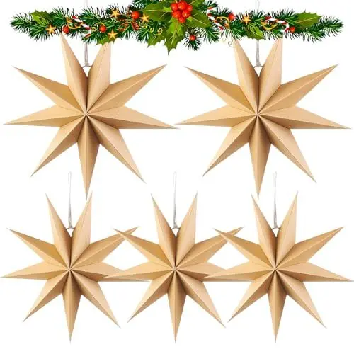 Produktbild: 5er Set Papiersterne, Papiersterne Weihnachtsstern, 9 Zacken Papiersterne Faltsterne Weihnachten Deko, 30cm Dekostern zum Aufhängen für Weihnachtsdeko, Tischdeko, Fenster, Zimmer, Party Dekoration
