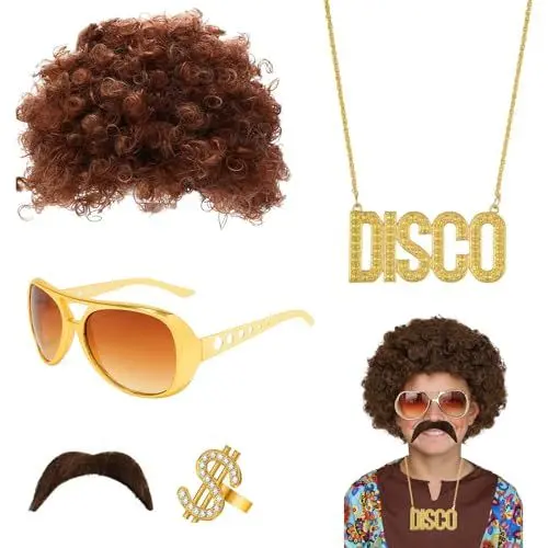 Produktbild: 5er Set Perücke 70er Jahre Hippie Herren Outfit Disco Dude Männer Perücken Afro mit Sonnenbrille Halskette Ring Schnurrbart für 70er 80er Fasching Kostüm Karneval Halloween Cosplay Thema Party