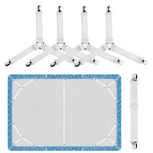 Produktbild: 5er-Pack Dreieck Bettlakenhalter Gegen Verrutschen Bettlakenhalter RiemenBettlakenspanner Weiß Dreieckig Elastisch Betttuchspanner Bettlakenklammern Verstellbare Matratzengurte für Bettlaken Sofas