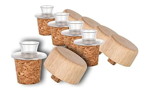 Produktbild: 5er-Pack Kunststoff-Ausgießer mit Holz-Deckel und Kork-Stopfen | schmal | geeignet für Öl, Essig, Spirituosen oder Liköre