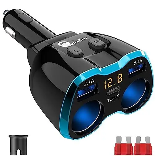 Produktbild: 5-in-1 Auto Ladegerät: Zigarettenanzünder Verteiler Adapter Splitter 12V USB C KFZ Stecker 2 Fach Steckdose 12 Volt DC 80W mit LED Voltmeter Schalter Dual USB für Handy GPS Dash Kamera Sitzheizung
