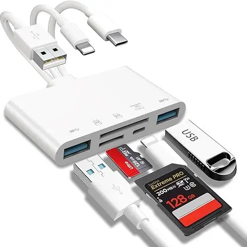 Produktbild: 5-in-1 Speicherkartenleser, USB OTG Adapter & SD Kartenleser für iPhone/iPad, USB C und USB A Geräte mit Micro SD & SD Kartensteckplätzen, unterstützt SDHC/SDXC/MMC