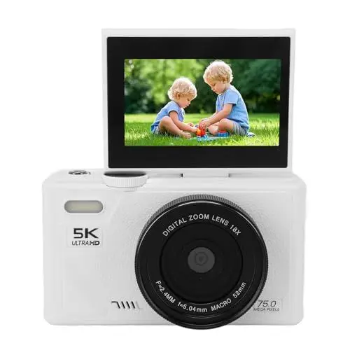 Produktbild: 5K Digitalkamera, 75MP Vlogging Kamera mit 18 facher Zoom, 3 Zoll Flip Bildschirm, HD Kompaktkamera für Reisefotografie (White)