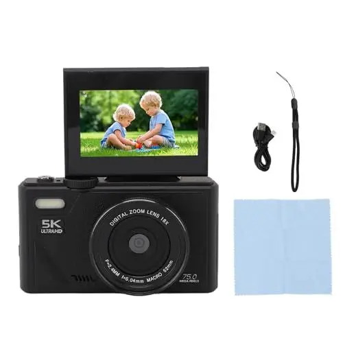 Produktbild: 5K Digitalkamera für Fotografie Autofokus, 75 MP Vlogging-Kamera mit 3 Zoll 180 ° Flip-Bildschirm, 18x Anti-Shake 5K Kompaktkamera (Black)