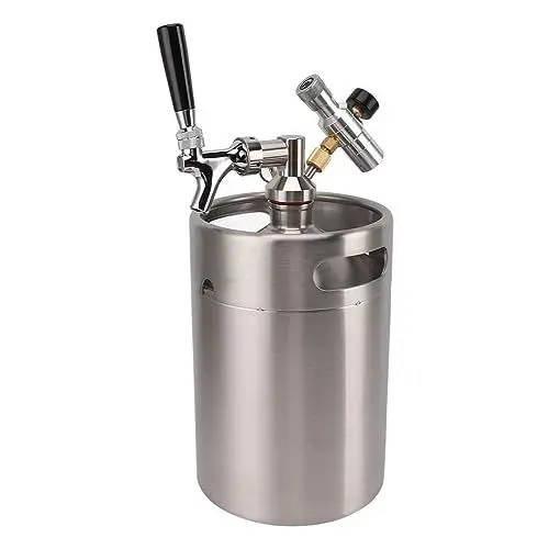 Produktbild: 5L Mini-Edelstahlfass mit Wasserhahn, unter Druck stehendes Mini-Fass-Growler-Heimfass-Kit-System mit verstellbarem Wasserhahn, 150-PSI-Messgerät für selbst gebrautes Craft-Bier