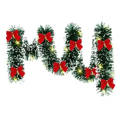 Produktbild: 5m Weihnachtsgirlande Treppe mit Beleuchtung und Timer, Girlande Weihnachten Aussen, Weihnachtsgirlanden Kamin, Beleuchtete Weihnachtsdeko Girlande Outdoor Grün Rot Schnee (C)