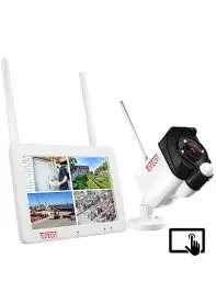 Produktbild: 5MP Überwachungskamera Set Aussen mit Aufzeichnung, 17,8cm (7 Zoll) LCD-Touchscreen, 4CH NVR Monitor, 3MP WLAN Kameras mit AI PIR Doppelsensor, Gegensprechfunktion, App E-Mail-Alarm, 32GB SD Karte