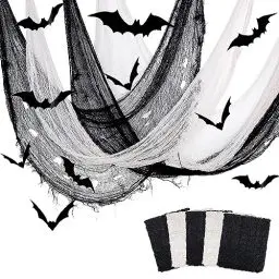 Produktbild: 5Pcs Halloween Tuch,Stoff Horror Outdoor Indoor,Halloween Dekoration Gruseliges Käsetuch,Halloween Deko Outdoor,mit 12Pcs 3D Fledermäuse Wand,für Türen Hallen Veranden Fenster(180 * 75CM)