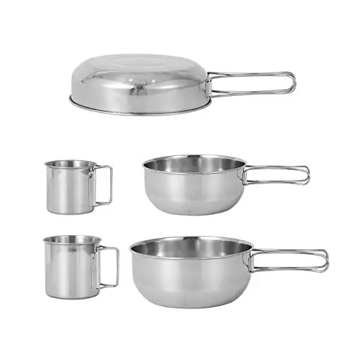 Produktbild: 5-teiliges Camping-Kochgeschirr-Set, Edelstahl, Picknick-Camp-Kochgeschirr mit Faltbaren Griffen, Pfanne und Schüsseln für Wandern, Rucksackreisen, Angeln