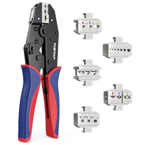 Produktbild: 5-teiliges Crimpzange Set - TUBTAP® Crimpzange für isolierte & nicht isolierte Kabelschuhe, Schrumpfschläuche, Aderendhülsen – Krimperzange, Aderendhülsenzange - mit Wechselbacken