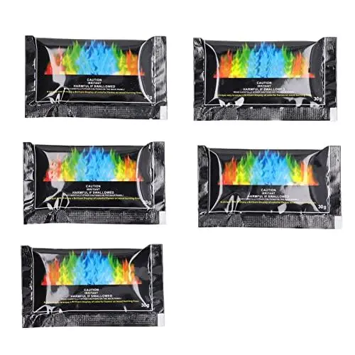 Produktbild: 5-teiliges Flammen-Kosmisches-Feuer-Farbpaket, langlebig, 5 Farben, langanhaltendes pulsierendes Flammen-Farbwechselpulver für drinnen und draußen, zum Grillen, Camping, Party,