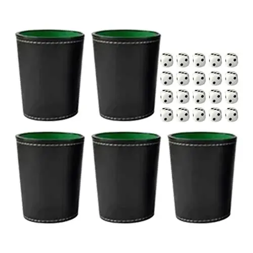 Produktbild: 5-teiliges PU-Leder-Würfelbecher-Set mit Deckel, Dunkelbraunes Filzfutter, Leiser Shaker, Inklusive 6-Punkt-gefüttertem Set, für Brett- und Familienspiele Yahtzee Farkle Liars