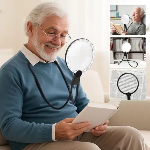 Produktbild: 5X Hände-freie Lupe zum Umhängen,3-in-1 Tischlupe, Handlupe und Halsband-Freisprechlupe,Vergrößerungsglas für Senioren,Lesehilfe für kleine Drucke,Low Vision Senioren mit alternden Augen