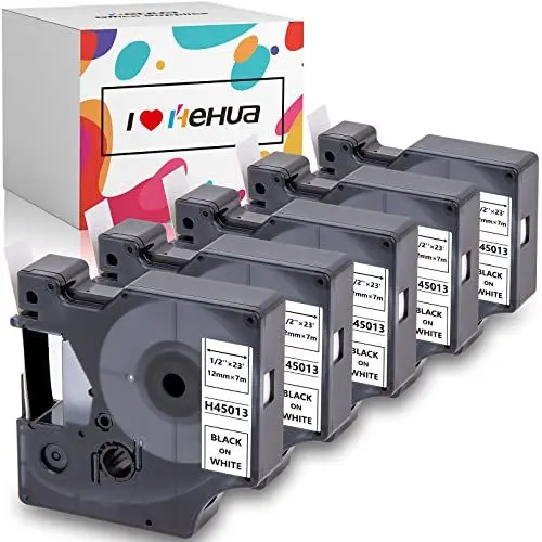Produktbild: 5x Hehua D1-Etikettenband Ersatz für Dymo d1 45013 12mm x 7m, Schwarz auf weiß 45013s S0720530 Etiketten Kompatibel mit LabelManager Executive 640 CB 160 280 210D Labelpoint 150 200 LabelWriter 450