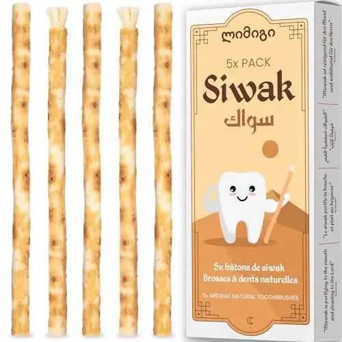 Produktbild: 5x Miswak مسواك - Siwak Stück Zahnputzhölzer - 100% Natürliche Zahnbürste - Reinigend, Desinfizierend und Aufhellend - Umweltfreundlich, Biologisch Abbaubar und Vegan