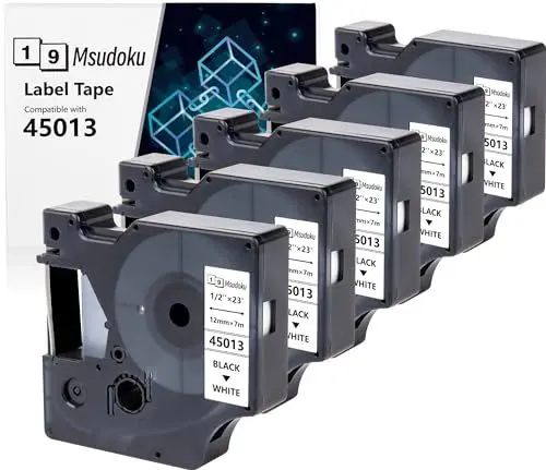 Produktbild: 5x Msudoku Kompatibel mit Dymo D1 45013 S0720530 Schwarz auf Weiß 12mm x 7m Etikettenband, Kompatibel für Dymo LabelManager 160 280 210D 360D 420P PnP 450D Ettikettiergeraet