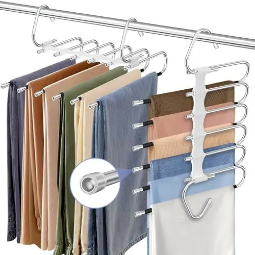Produktbild: 6 In 1 Hosenbügel Platzsparend,2 Stück Kleiderbügel Hosen, Faltbare Hosenbügel, Rutschfester Kleiderbügel Hosen Platzsparend, Kleiderbügel für Hosen mit Haken für Schals/Jeans/Handtücher