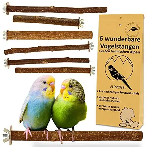 Produktbild: 6 Natur Sitzstangen: für Wellensittich, Kanarienvogel, Nymphensittich... VERBESSERT: Edelstahl Scheiben & plastikfrei verpackt! DAS ORIGINAL: gewachsen, von Hand geschnitten in den heimischen Alpen!