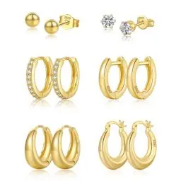 Produktbild: 6 Paar Ohrringe Gold Set,14k Echt Vergoldete Creolen Gold und Ohrstecker Gold für Damen Hypoallergen Knorpel Huggie Creolen Gold Klein und Kugel Zirkonia Ohrstecker für Mehrere Ohrlöcher