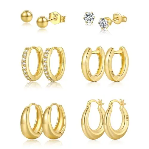 Produktbild: 6 Paar Ohrringe Gold Set,14k Echt Vergoldete Creolen Gold und Ohrstecker Gold für Damen Hypoallergen Knorpel Huggie Creolen Gold Klein und Kugel Zirkonia Ohrstecker für Mehrere Ohrlöcher