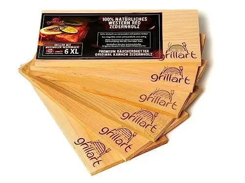Produktbild: 6 Pack XL Grillbretter - Zedernholzbrett zum Grillen - Räucherbretter aus Zedernholz von grillart® hergestellt aus 100% natürlichem Western Red Zedernholz für einen besonderen Grillgeschmack