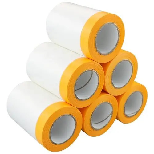 Produktbild: 6 Rollen Abdeckfolie Klebeband mit Folie 55cm*20M Klebeband mit Transparent AbdeckFolie Goldband Masker Tape Malerkrepp zum Staubschutz Abdeckfolie Selbstklebende Malerfolie Malerband UV Beständig