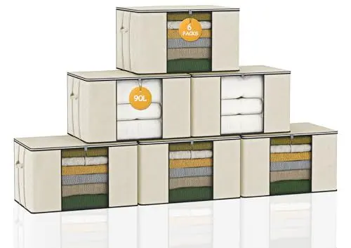 Produktbild: 6 STK 90L Aufbewahrungstasche Aufbewahrungsbox mit Deckel Groß Umzugskartons Kleideraufbewahrung mit Verstärkt Griff Faltbare Aufbewahrungboxen für Bettdecken Decken Aufbewahrung Kleiderschrank Beige