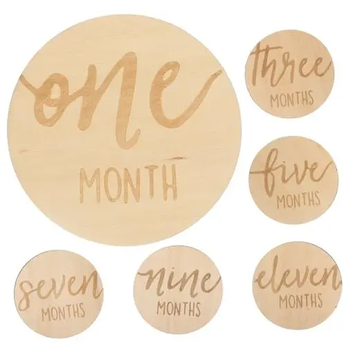 Produktbild: 6 Stk Baby-Monatskarte neue monatliche Meilensteinkarten Embleme Etiketten doppelseitiges monatliches Meilensteinschild Monatliches Meilensteinschild aus Holz ein Monat CD Planke