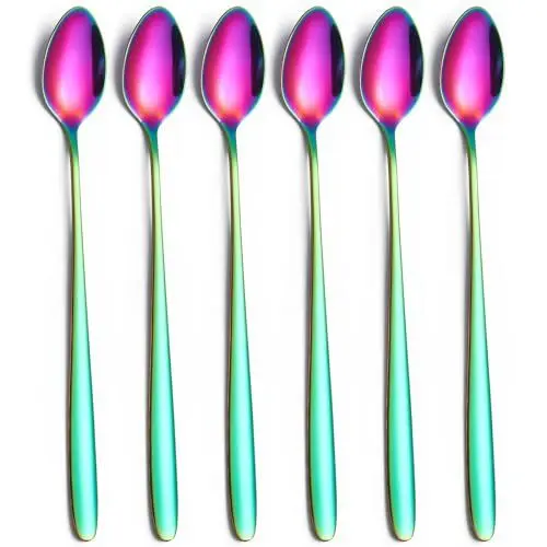 Produktbild: 6 Stück 19.8 cm Lang Eislöffel Edelstahl, Löffel mit Langem Stiel, Lange Kaffeelöffel Teelöffel Dessertlöffel, Longdrinklöffel für Latte Macchiato Sundae (Regenbogenfarbe)