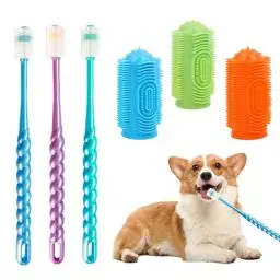 Produktbild: 6 Stück 360° Drehung Hundezahnbürste Set, Nanoweiches Haar Hunde Zahnbürste, Wiederverwendbar Fingerzahnbürste Hund, Anti-Plaque Hundezahnbürste Fingerling für Haustier Katze, Hunde