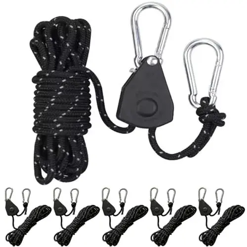 Produktbild: 6 Stück 4M Reflektierend Abspannseile Seil mit Seilspanner, 4mm Durchmesser Einstellbare Seil Ratsche Rope Seilratsche mit Haken, Paracordseil Abspannleine für Zelt Zeltplane Camping (Schwarz)