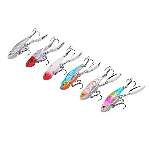 Produktbild: 6 Stück 5 cm Angelköder, großer harter Köder, Topwater-Angelköder-Set, künstlicher Vib-Angelköder aus Metall, stromlinienförmiges Design, 3D-Augen, sinkender Löffelköder für