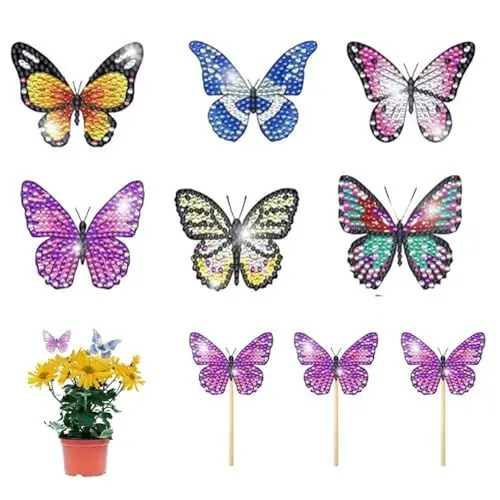 Produktbild: 6 Stück Diamond Painting Schmetterlinge Set für Garten Dekor, Schmetterling Gartenstecker, Tolle Gartendekoration für Erwachsene und Kinder