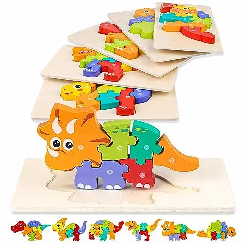 Produktbild: 6 Stück Dinosaurier Holzpuzzle für Kinder ad 3 Jahr: Puzzles Spielzeug ad 3+ Jahre mit Kordelzugbeutel, lernendes pädagogisches Baby Puzzle, Geschenk für 3 jährige Jungen Mädchen