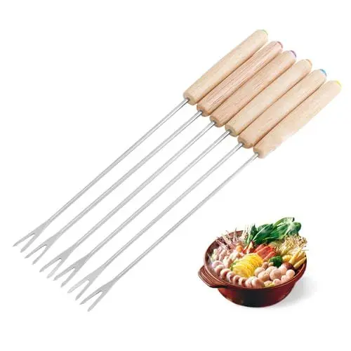 Produktbild: Fondue-Gabeln, Fondue-Sticks, 6 Stück, Edelstahl-Fondue-Gabeln, Käse-Fondue-Sticks, Meeresfrüchte-Gabeln mit Holzgriff für Schokoladenkäse