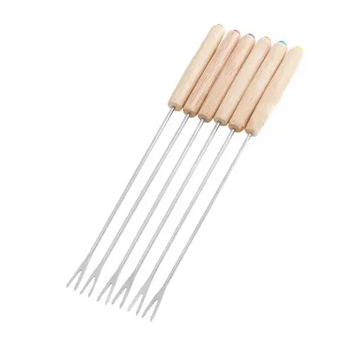 Produktbild: 6 Stück Fondue-Stäbchen, Edelstahl-Fondue-Gabeln mit Holzgriff für Schokoladen-Dessert-Käse-Marshmallows, Käse-Fondue-Gabeln, Smores-Stäbchen, Hitzebeständige Fondue-Stäbchen